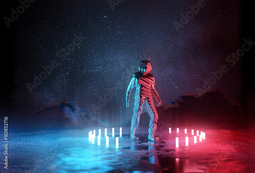Almost Human. Strange Futuristic spaceman illuminated by red and blue lights at night. 3D Illustration.