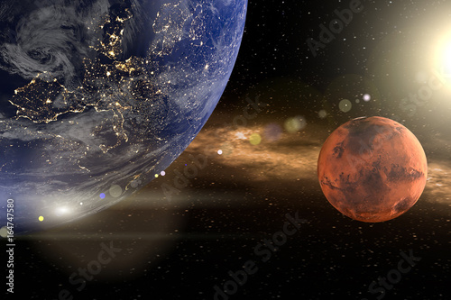 bloodmoon-lub-mars-ziemia-u-gory-po-lewej-czerwona-planeta-po-prawej-stronie-slonce-w-prawym-gornym-rogu-z-soczewka-utworzono-w-3d-tekstury-nasa