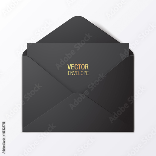 Black vector envelope template. Black opened envelope lying on a red background. Realistic mockup.