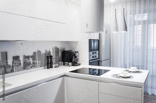 Lacobel White modern kitchen interior.