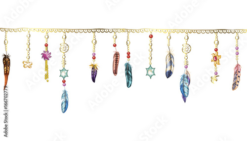 Lacobel Boho elements. illustration with feathers, chain and jewels . Ornamental bird feathers isolated on white.