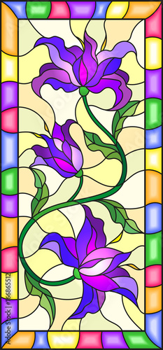 ilustracja-w-stylu-witrazu-z-kwiatow-lisci-i-paki-fioletowy-lilie-na-zoltym-tle-z-jasnym-ramki