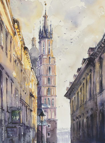 ulica-florianska-na-starym-miescie-krakow-z-miariackim-kosciolem-w-tle-obrazek-stworzony-z-akwarel