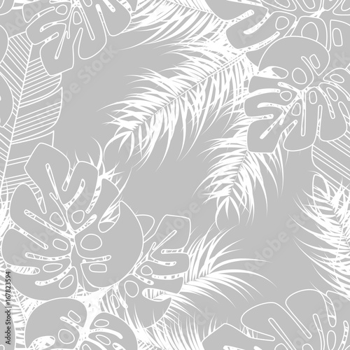 Lacobel Summer seamless tropical pattern with monstera palm leaves and plants on gray background