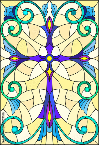 illustration-in-stained-glass-style-with-a-purple-cross-on-a-yellow-background-with-patterns-and-swirls