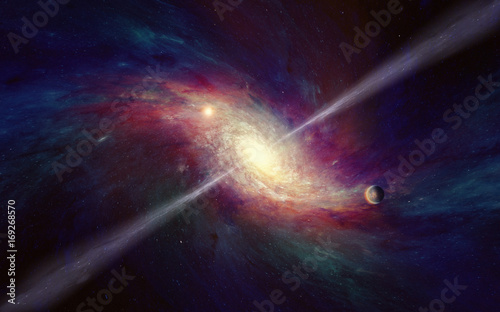 Obraz Fotograficzny Space-time warping concept, bright quasar in deep space
