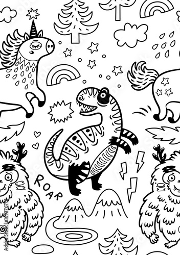 Ink Fantasy Wallpaper In Childish Style With Unicorn Yeti Dino