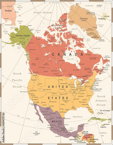 Obraz na płótnie North America Map - Vintage Vector Illustration