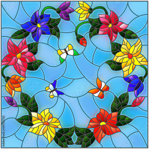 ilustracja-w-stylu-witrazu-z-jasne-kolorowe-kwiaty-w-kolko-i-motyle-na-niebieskim-tle