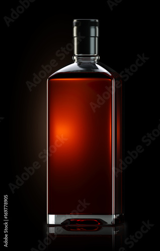 3d render of square shaped bottle filled with strong whiskey