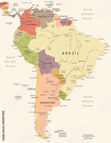 Obraz na płótnie South America Map - Vintage Vector Illustration