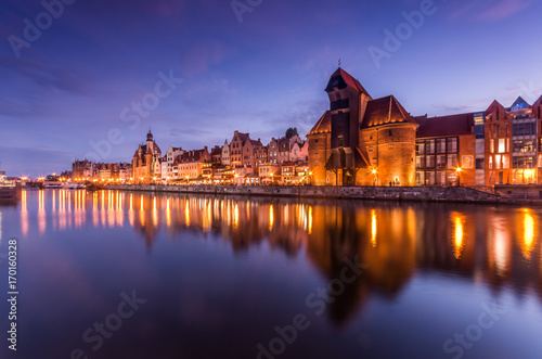 Obraz Fotograficzny Gdansk old town with harbor and medieval crane in the evening