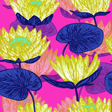 Yellow lotus (water lily) flowers, hand drawn doodle, sketch in pop art style, seamless pattern design on pink background