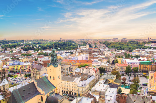 Beautiful view of the Town Hall Tower, Adam Mickiewicz Square and the historical center of Lviv, Ukraine © marinadatsenko