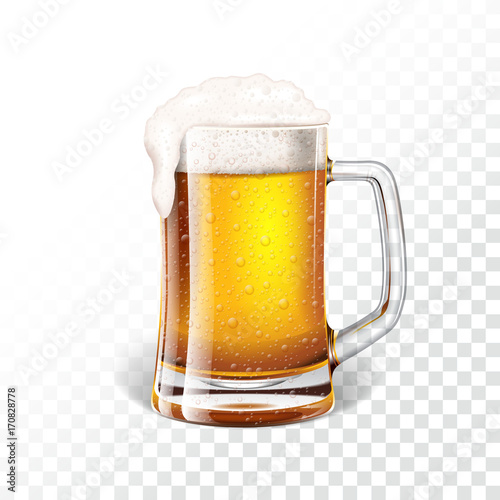 Vector illustration with fresh lager beer in a beer mug on transparent background.