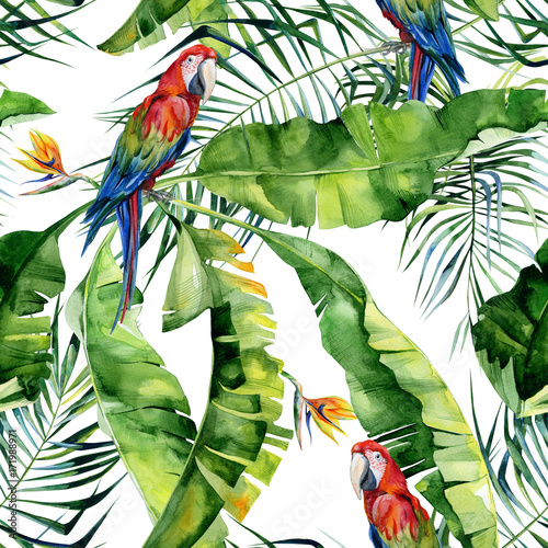 bezszwowa-akwareli-ilustracja-tropikalni-liscie-zwarta-dzungla-szkarlatna-ary-papuga-strelitzia-reginae-kwiat-malowane-recznie-wzor-z-motywem-tropic-summertime-liscie-palmy-kokosowej