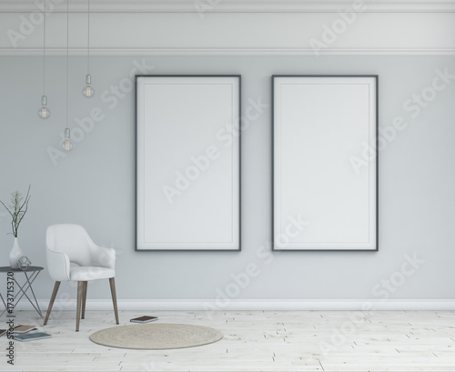 Simple scandinavian interior with frames. Modern scene.