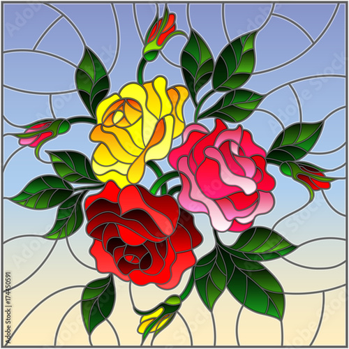 illustration-in-stained-glass-style-with-flowers-buds-and-leaves-of-roses-on-a-sky-background