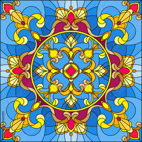 illustration-in-stained-glass-style-square-mirror-image-with-floral-ornaments-and-swirls