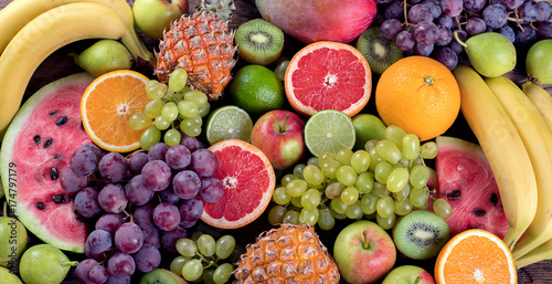 Fruits background. Healthy eating concept. Flat lay.