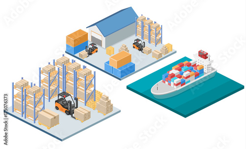 isometric interior of warehouse. The boxes are on the shelves.
