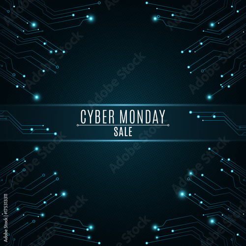 High-tech background from a computer circuit board for a cyber sale Monday. Luminous blue banner. Great sale. Glowing neon blue connectors. Vector