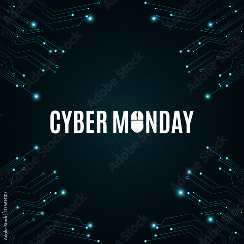 High-tech background from a computer circuit board for a cyber sale Monday. Computer mouse. Great sale. Glowing neon blue connectors. Vector