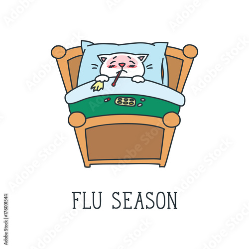 Flu Season Doodle Vector Ilration Of Sick White Cat Lying In Doodle Vector Ilration Of Sick White Cat Lying In Bed With A Thermometer