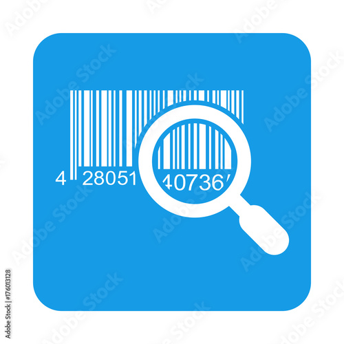 Icono plano codigo de barras lupa en cuadrado azul
