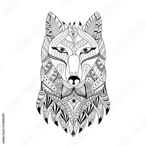 Hand Drawn Zentangle Wolf Head For Adult And Children Coloring Book Pagevector Illustration