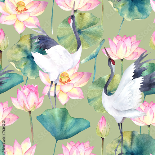 watercolor-seamless-pattern-with-crane-and-flower-lotus-traditional-design-hand-drawn-illustration