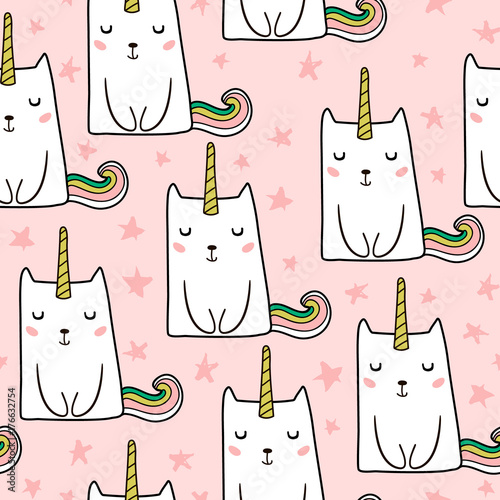Seamless Pattern With Hand Drawn Cute Cats Unicorn Cartoon Cat