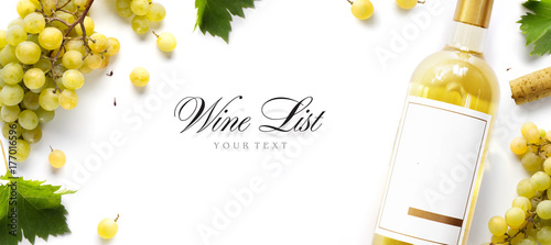 wine list background; sweet white grapes and wine bottle