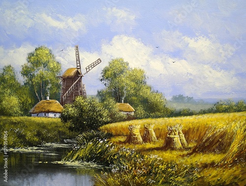 molino-de-viento-paisaje-del-pueblo-pinturas-al-oleo-lienzo-arte