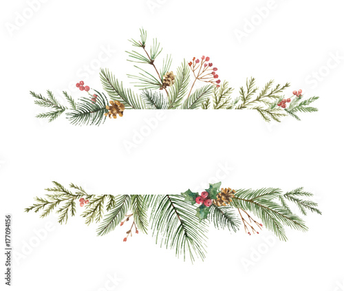 Watercolor vector Christmas banner with fir branches and place for text. © elenamedvedeva