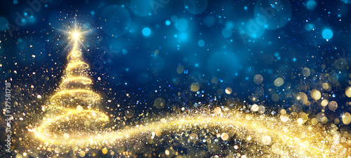 Golden Christmas Tree In Abstract Night