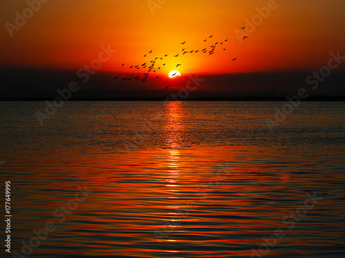 puesta de sol de color rojo sobre el mar