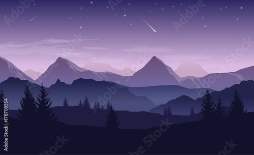 Blue and purple landscape with silhouettes of mountains, hills and forest and stars in the sky - vector illustration