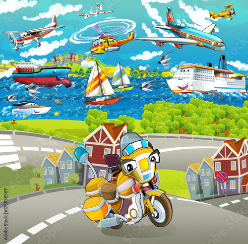 karikaturszene-mit-motorrad-auf-dem-strasenfeuerwehrmann-illustration-fur-kinder