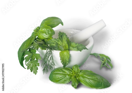 Mortar and Pestel with Herbs