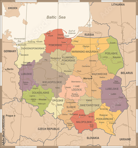 Obraz Fotograficzny Poland Map - Vintage Detailed Vector Illustration