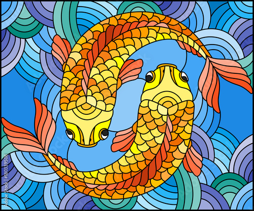 illustration-in-stained-glass-style-with-a-pair-of-gold-fish-on-water-background