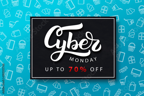 Vector realistic isolated promo banner for Cyber Monday for decoration and covering on the blue background. Concept of discount and sale.