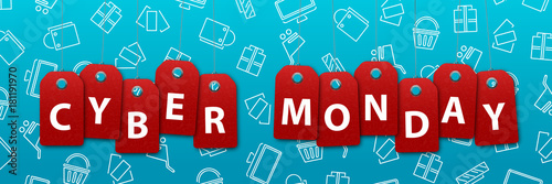 Vector realistic isolated promo banner for Cyber Monday for decoration and covering on the blue background. Concept of discount and sale.
