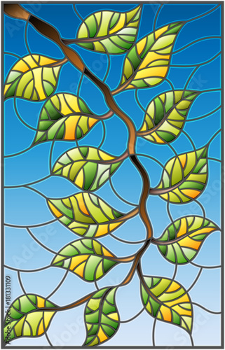 illustration-in-stained-glass-style-plant-branch-with-leaves-on-a-sky-background