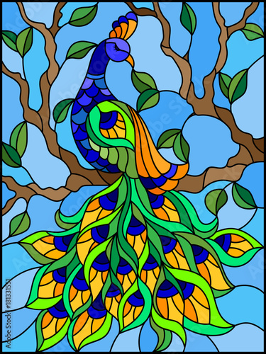 illustration-in-stained-glass-style-bird-peacock-and-tree-branches-on-background-of-blue-sky