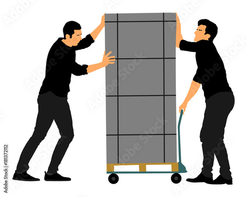Hard workers pushing wheelbarrow and carry big box vector illustration isolated on white background. Delivery man moving package by cart. Service moving transport. Warehouse job activity.