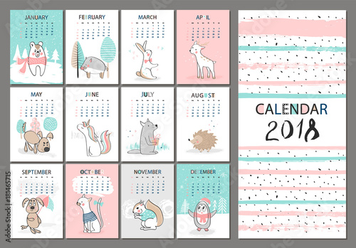 Monthly Creative Calendar 2018 With Cute Animals Concept Vector Monthly Creative Calendar 2018 With Cute Animals Concept Vector Vertical Editable Template