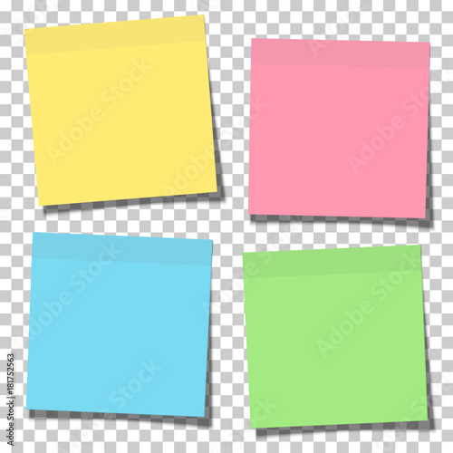 Set of yellow, green, blue and pink paper sticky notes glued to the surface isolated on transparent background