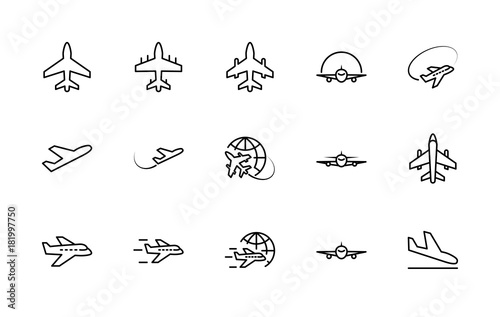 Set of plane vector line icon. It contains symbols to aircraft, globe and more. Editable move. 32x32 pixels.